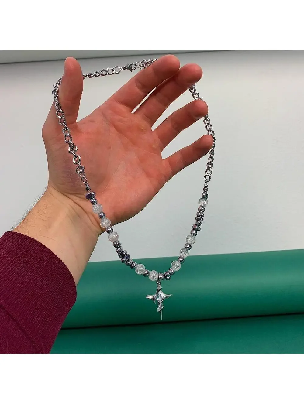 2000s y2k grunge punk opium silver and beaded cross pendant style necklace